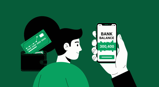 Banking and Finance Illustration Depicting Mobile Banking Account Balance and Credit Card