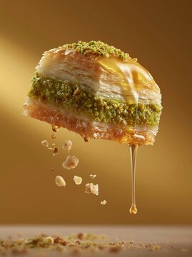 Delicious baklava pastry with honey dripping and pistachio crumbs falling