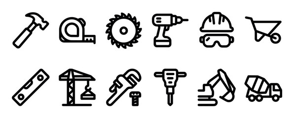 Fototapeta premium Collection of various construction tools and equipment icons, depicted as clean, minimalist black outline symbols on a white field, conveying industry and building concepts