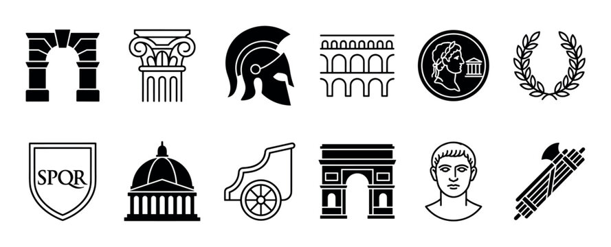 This collection of black silhouette Roman icons features ancient architectural elements, historical symbols, and classical figures, presented in a minimalist, flat design style