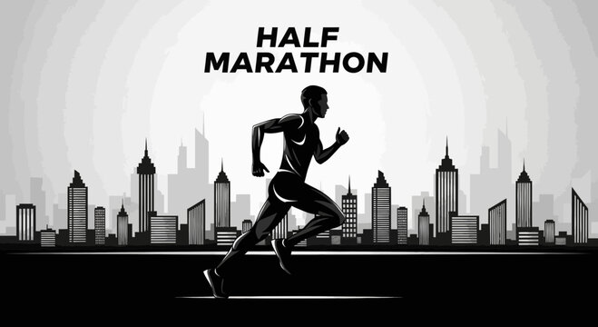Athletic Runner In Silhouette Against Cityscape Background For Half Marathon Race Event