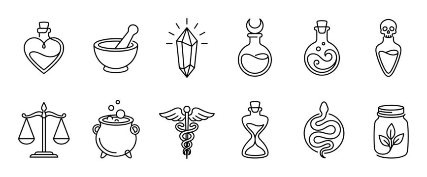 Twelve distinct mystical line art icons illustrate various magical and alchemical symbols, featuring potions, tools, crystals, and ancient emblems, minimalist,and enchanting style