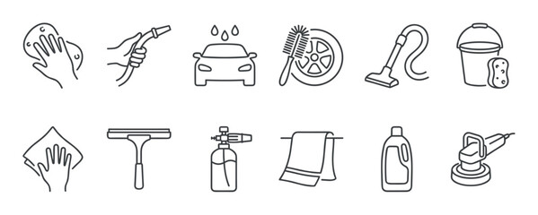 Fototapeta premium These car wash and detailing outline icons display essential tools and actions for vehicle cleaning, including washing, spraying, brushing, vacuuming, and polishing, shown in a modern line art style