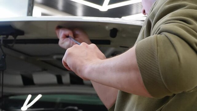 Body repair. A specialist repairs a dent on the car body without painting. Paintless Car Dent Repair. PDR. Process of paintless dent repair on car body. The mechanic at the auto shop with tools. 