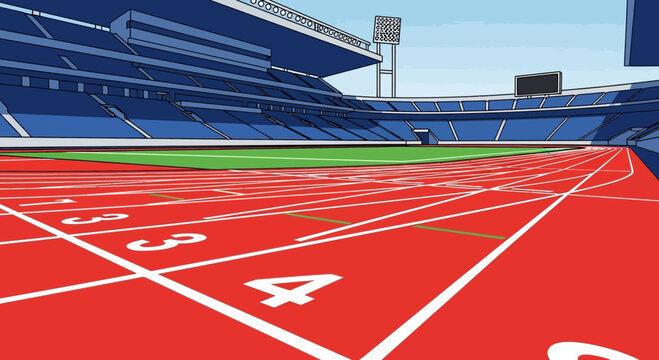 Athletic Stadium Illustration Depicting Running Tracks, Bleachers, And Field Scene