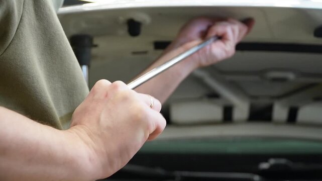 Body repair. A specialist repairs a dent on the car body without painting. Paintless Car Dent Repair. PDR. Process of paintless dent repair on car body. The mechanic at the auto shop with tools. 