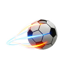 Fototapeta premium Dynamic soccer ball with energetic blue and orange light trails depicting fast motion football movement