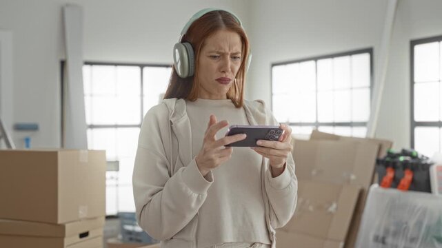 Woman with headphones holding smartphone, mouth open while scrolling through screen in a building filled with boxes and moving supplies; surprise.