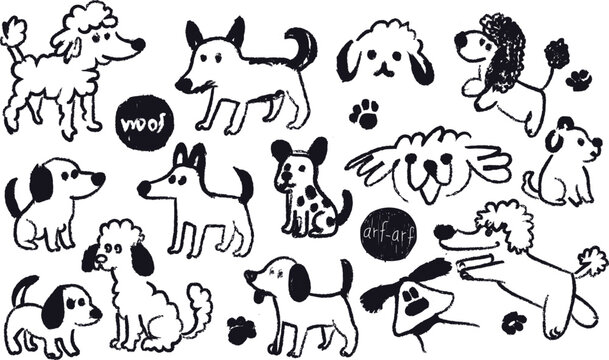 Hand drawn dogs set scribble chalk or charcoal style. funny puppy whimsical grunge charcoal art for tshirt print, placard, poster or stickers.
