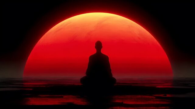 Zen Buddhism, meditation, inner peace, Chinese Japanese Asian tradition. Therapy stress release treatment, health lifestyle. A serene depiction of a solitary figure meditating in front of a large.