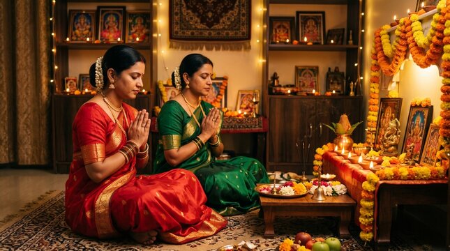 women is getting ready in traditional saree and jewellery with soft glam makeup on Karva Chauth, Navratri, Durga Puja, Diwali, Makar Sankranti, Dhanteras, Laxmi Poojan, Dassehra, Gudi Padwa