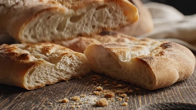 Artisan Bread Loaves Freshly Baked on Wooden Surface Close Up.