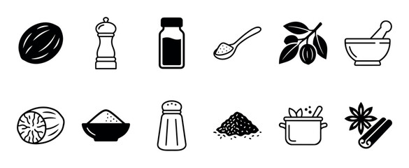 Various black and white spice icons illustrating essential cooking ingredients and kitchen tools, including nutmeg, pepper, and cinnamon, presented in a clean, minimalist line art style © Happy Carrot