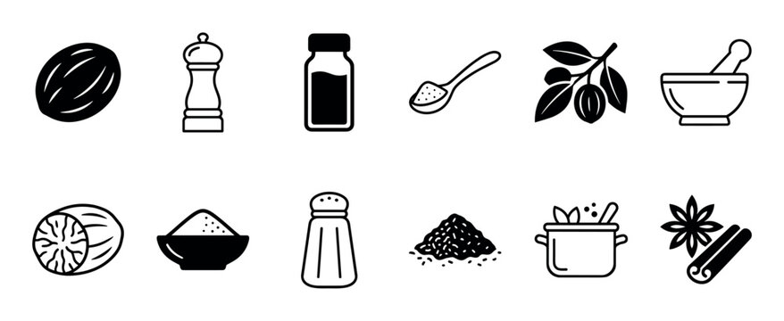 Various black and white spice icons illustrating essential cooking ingredients and kitchen tools, including nutmeg, pepper, and cinnamon, presented in a clean, minimalist line art style