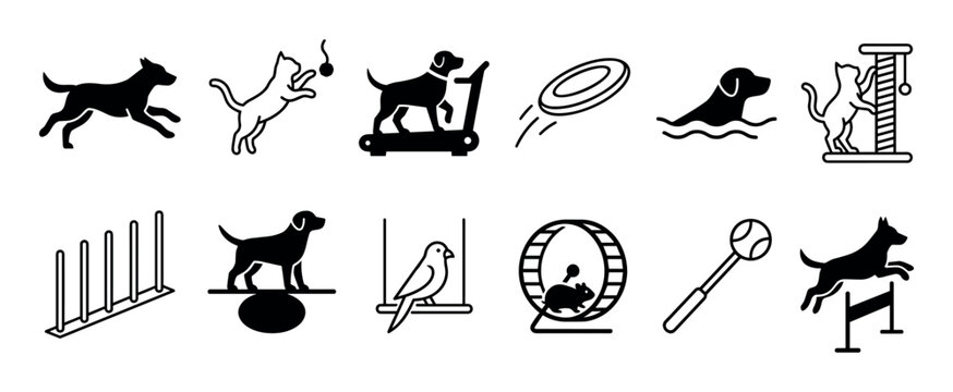 Collection of various pet activity icons featuring dogs, cats, a bird, and a hamster engaged in playful and exercise-related actions, rendered in a clean, modern line art style