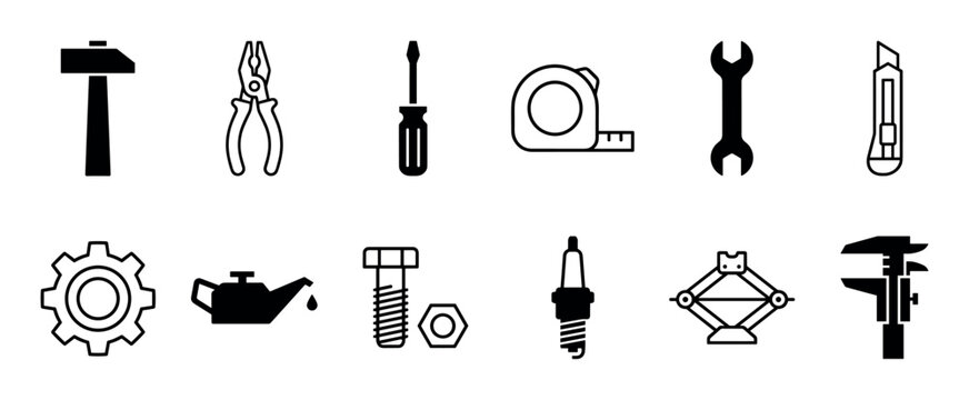 Twelve black and white icons depict a hammer, pliers, screwdriver, tape measure, wrench, utility knife, gear, oil can, bolt, nut, spark plug, rendered in a clean, graphic style