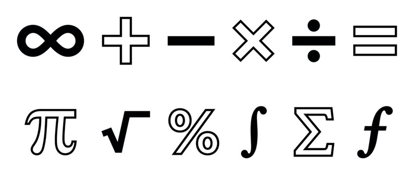 Diverse collection of mathematical symbols, including arithmetic, calculus, and algebraic signs, are neatly arranged in two rows, depicted with a clean, graphic aesthetic