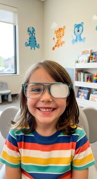 Happy girl with eye patch and glasses smiling widely. Child vision correction for amblyopia treatment. Pediatric ophthalmology concept.