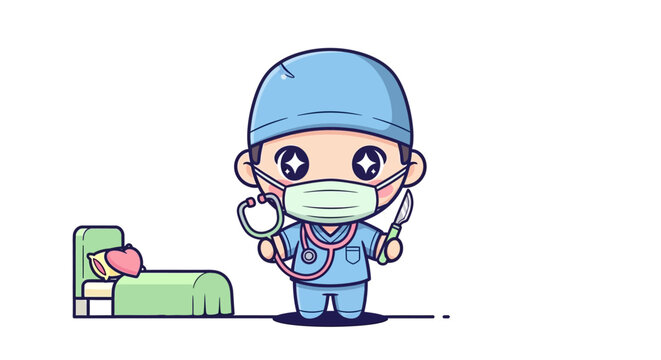 Cartoon doctor wearing medical mask.
