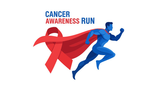 Cancer Awareness Run Superman Illustration With Red Ribbon Symbolizing Hope And Strength