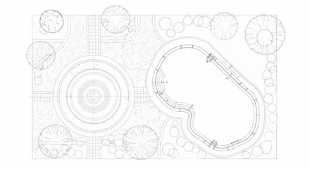 Architectural landscape plan featuring a swimming pool and circular garden design © Best Design_Academy