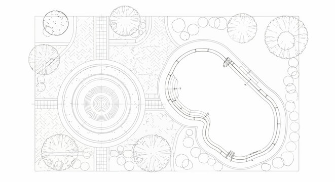 Architectural landscape plan featuring a swimming pool and circular garden design