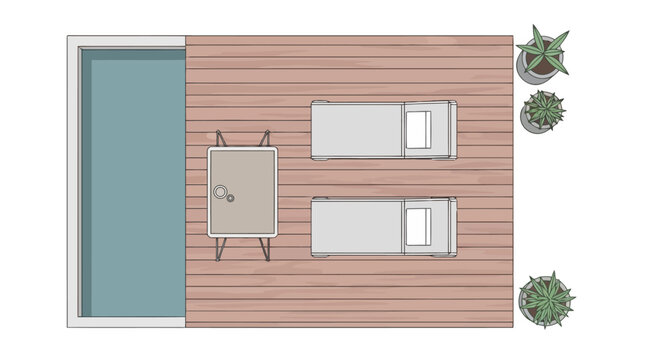 Top view of a wooden deck with a swimming pool, lounge chairs, a small table, and potted plants