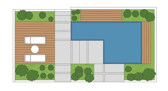 Top view of a modern backyard landscape design with a swimming pool, wooden deck, and lounge chairs