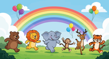 Naklejka premium Cartoon Animals Joyfully Running Beneath a Colorful Rainbow with Floating Balloons