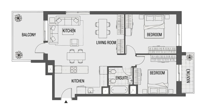 Modern apartment floor plan layout with two bedrooms, living room, kitchen, and balcony