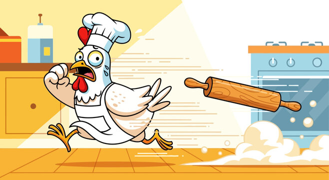 Cartoon Chicken Chef Fleeing From Rolling Pin In A Kitchen, Funny Culinary Scene