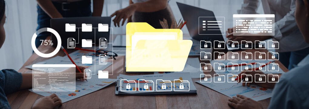 Engaging team meeting in a modern office featuring digital file management, data visualization, and active collaboration with technology tools and vibrant graphics. Ledger