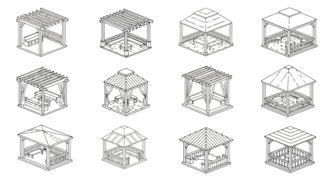 Set of isometric garden gazebos and pergolas with wooden structures and furniture
