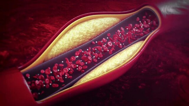 3D animation of cholesterol plaque buildup in human blood vessel blocking red blood cells