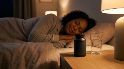 Fototapeta premium Black Woman Sleeping Peacefully In Bed With Supplement Bottle And Water On Nightstand At Night