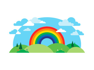 Obraz premium A colorful rainbow arching over a tranquil landscape with rolling hills, clouds, and trees, a symbol of hope and serenity