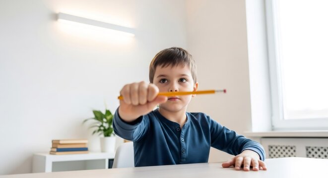 Young boy performing eye tracking exercise with a pencil. Pediatric ophthalmology and vision therapy for amblyopia or strabismus treatment.
