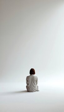 Minimalist scene of a lonely person sitting alone in an empty white space. The image conveys isolation, silence, introspection, and emotional distance, reflecting feelings of loneliness, vulnerability