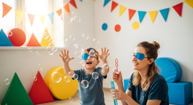 Woman and child playing with bubbles. Boy wearing an eye patch for amblyopia treatment. Pediatric ophthalmology and vision correction concept.