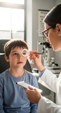 Woman ophthalmologist examining little boy kid eye with occluder. Pediatric vision health and impairment diagnosis. Child eye exam.