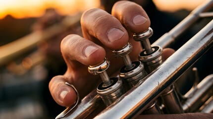 Fototapeta premium Close-Up of Musician's Hand Playing Trumpet Valves During Golden Hour Performance
