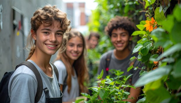 Smiling teenagers creating urban green vertical garden