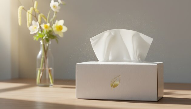 White tissue box with leaf logo on a wooden table near spring flowers for a springtime sneezing and allergy relief concept with sunlight and pollen particles