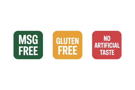 Food labels indicating MSG free, gluten free, and no artificial taste on a white background