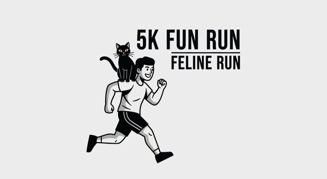 Cartoon Of Runner With Cat Companion Participating In The Feline Fun Run, 5K Event