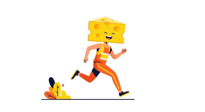 Cartoon Runner with Cheese Head Smiling and Running, Isolated on White Background