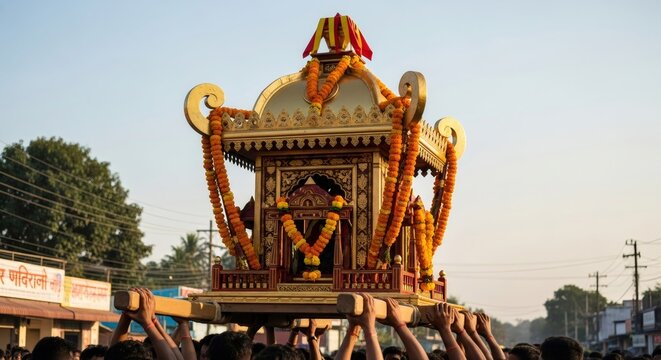 Men carrying a decorated palanquin during Dussehra procession. Festival celebration of Vijaya Dashami with traditional Indian culture.