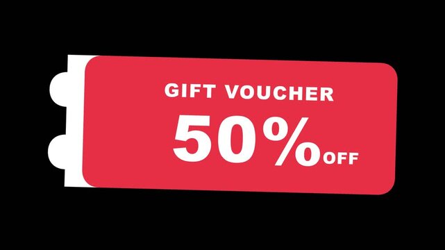 Premium 4K Red Gift Voucher with 50% Off Discount Text Isolated on Black Background for Retail Promotion and Marketing Campaign