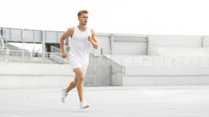 Obraz premium Young athletic man running on track wearing white sportswear with copy space