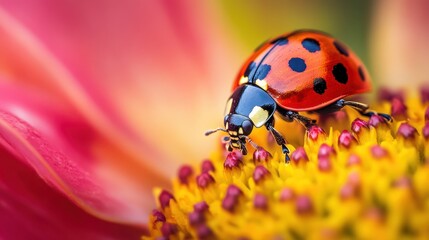 Fototapeta premium Ladybug crawling on a flower in close-up against a blurred colorful backdrop
